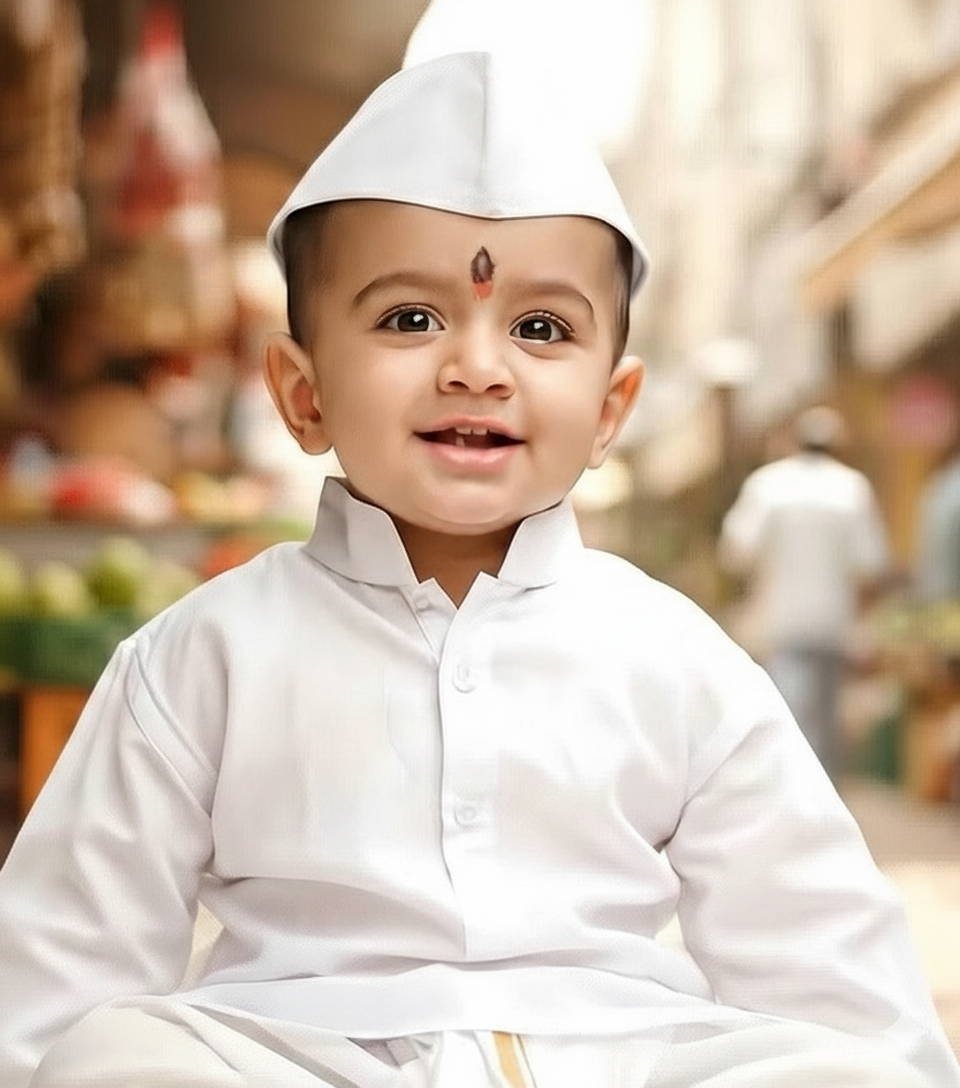 A cute Maharashtrian baby boy in a white kurta, the inspiration for BB Web Services
